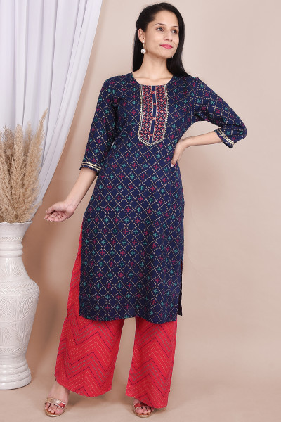 Women Cotton Rayon Straight Round Neck Kurta Palazzo Set
