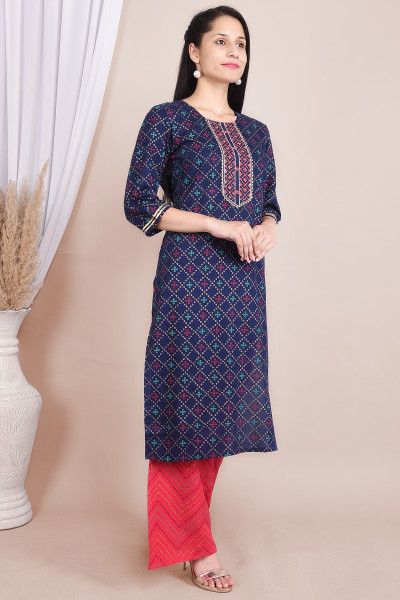 Women Cotton Rayon Straight Round Neck Kurta Palazzo Set