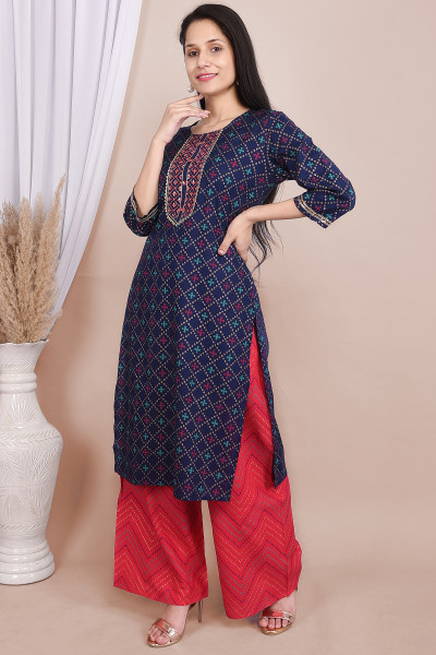 Women Cotton Rayon Straight Round Neck Kurta Palazzo Set