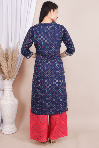 Women Cotton Rayon Straight Round Neck Kurta Palazzo Set