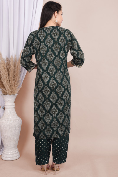Women Cotton Rayon Straight Round Neck Kurta Palazzo Set