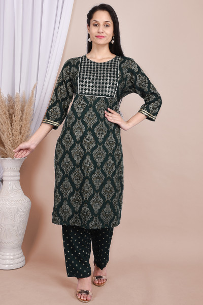 Women Cotton Rayon Straight Round Neck Kurta Palazzo Set