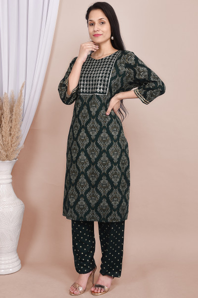 Women Cotton Rayon Straight Round Neck Kurta Palazzo Set