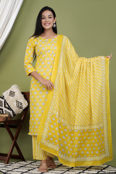 Women Pure Cotton Straight Round Neck Kurta Palazzo DupattaSet