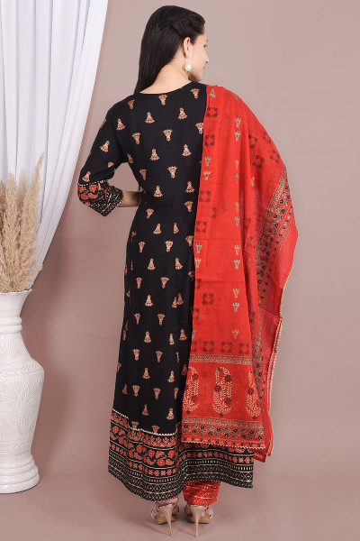 Women Cotton Rayon Flared Round Neck Kurta Palazzo DupattaSet
