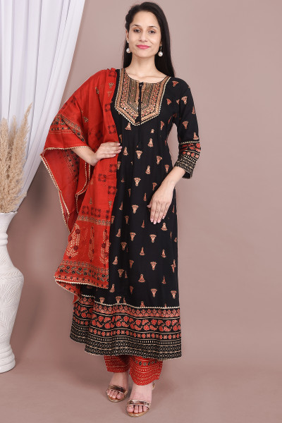 Women Cotton Rayon Flared Round Neck Kurta Palazzo DupattaSet