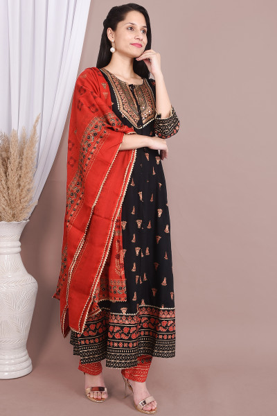 Women Cotton Rayon Flared Round Neck Kurta Palazzo DupattaSet