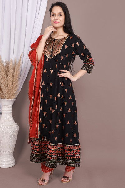 Women Cotton Rayon Flared Round Neck Kurta Palazzo DupattaSet