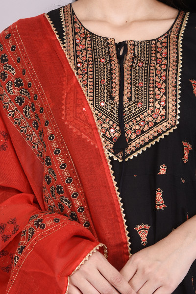 Women Cotton Rayon Flared Round Neck Kurta Palazzo DupattaSet