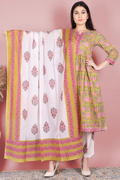 Women Pure Cotton Flared Round Neck Kurta Palazzo DupattaSet