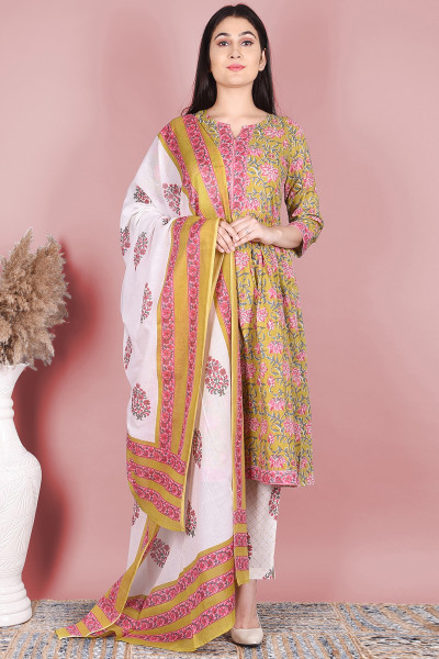 Women Pure Cotton Flared Round Neck Kurta Palazzo DupattaSet