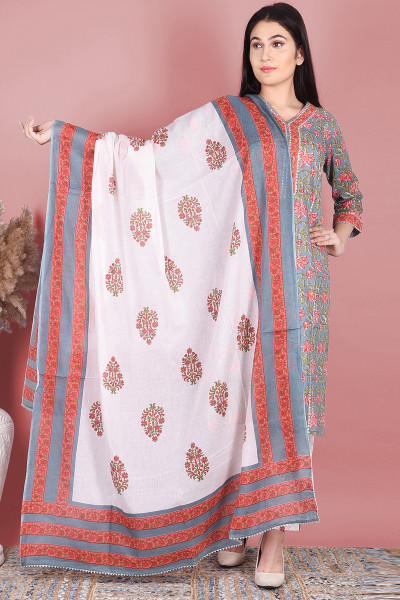 Women Pure Cotton Straight V Neck Kurta Palazzo DupattaSet
