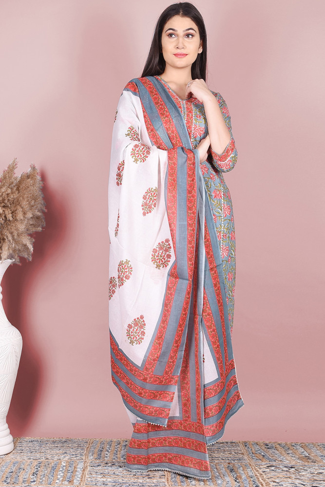 Women Pure Cotton Straight V Neck Kurta Palazzo DupattaSet