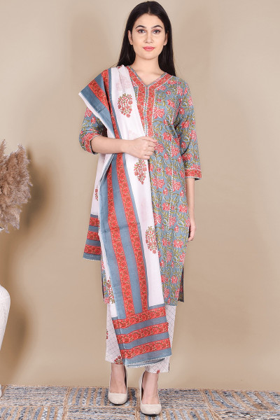 Women Pure Cotton Straight V Neck Kurta Palazzo DupattaSet