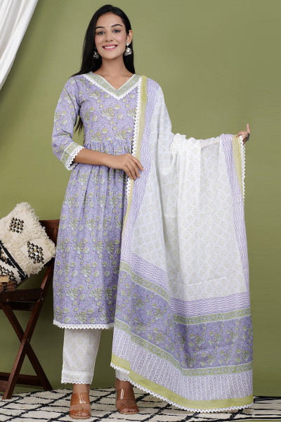 Women Pure Cotton Flared V Neck Kurta Palazzo DupattaSet