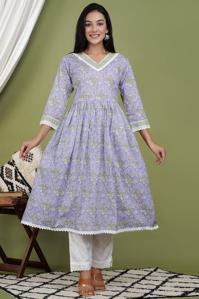 Women Pure Cotton Flared V Neck Kurta Palazzo DupattaSet