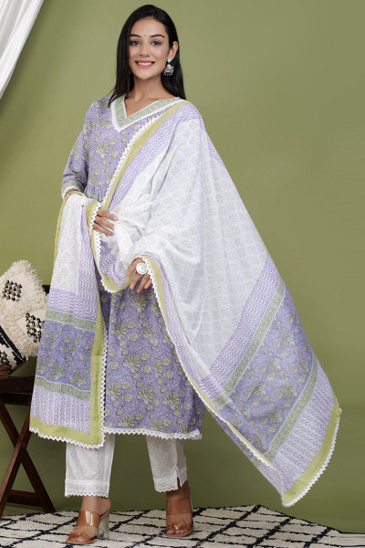 Women Pure Cotton Flared V Neck Kurta Palazzo DupattaSet