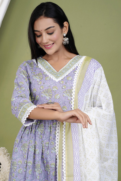 Women Pure Cotton Flared V Neck Kurta Palazzo DupattaSet