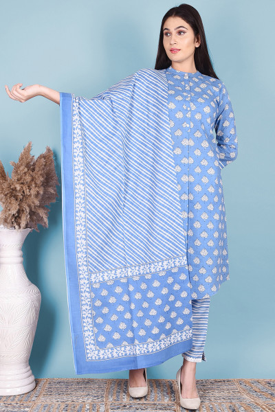Women Pure Cotton Straight Mandarin Collar Kurta Palazzo DupattaSet