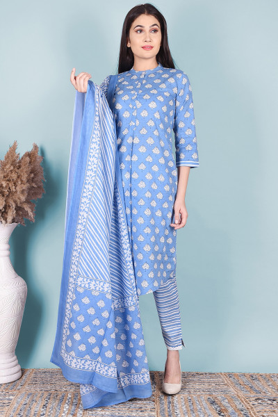 Women Pure Cotton Straight Mandarin Collar Kurta Palazzo DupattaSet