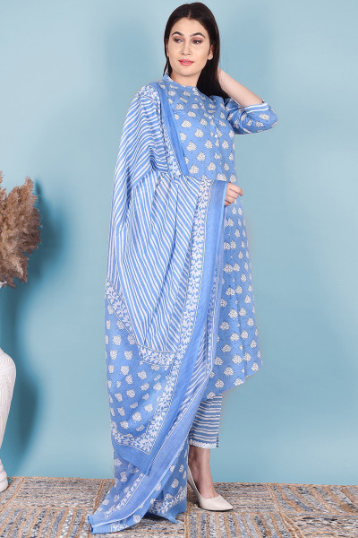 Women Pure Cotton Straight Mandarin Collar Kurta Palazzo DupattaSet