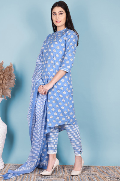 Women Pure Cotton Straight Mandarin Collar Kurta Palazzo DupattaSet