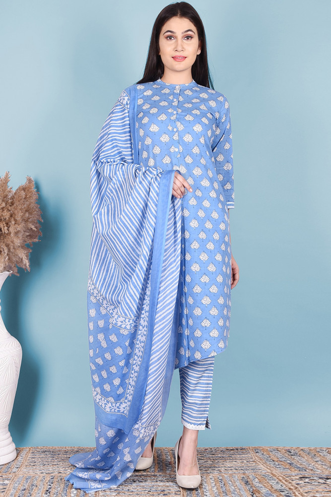 Women Pure Cotton Straight Mandarin Collar Kurta Palazzo DupattaSet