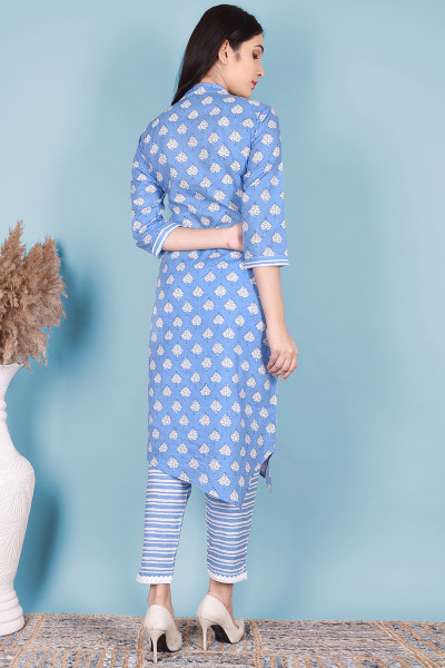 Women Pure Cotton Straight Mandarin Collar Kurta Palazzo DupattaSet
