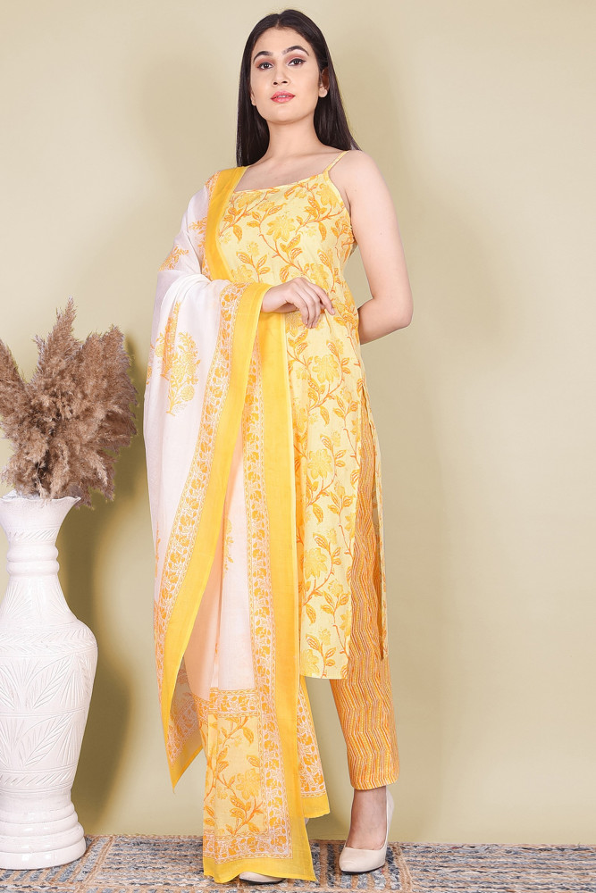 Women Pure Cotton Straight Sweetheart Neck Kurta Pant DupattaSet