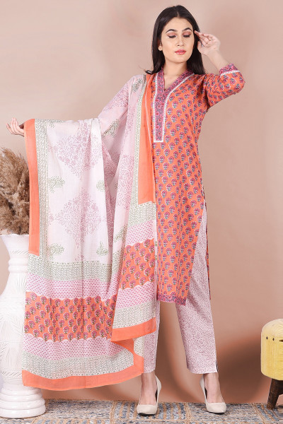 Women Pure Cotton Straight V Neck Kurta Palazzo DupattaSet