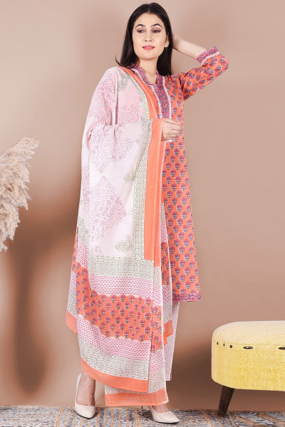 Women Pure Cotton Straight V Neck Kurta Palazzo DupattaSet