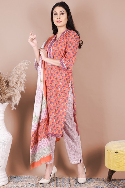 Women Pure Cotton Straight V Neck Kurta Palazzo DupattaSet
