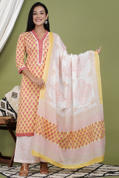 Women Pure Cotton Straight V Neck Kurta Palazzo DupattaSet