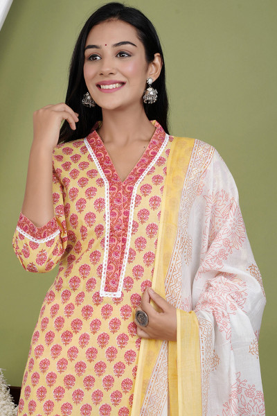 Women Pure Cotton Straight V Neck Kurta Palazzo DupattaSet