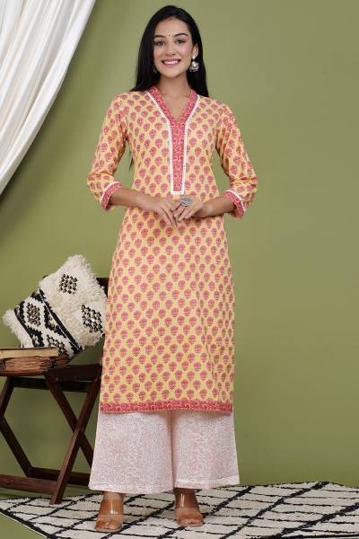 Women Pure Cotton Straight V Neck Kurta Palazzo DupattaSet