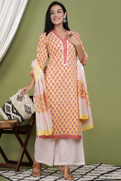 Women Pure Cotton Straight V Neck Kurta Palazzo DupattaSet