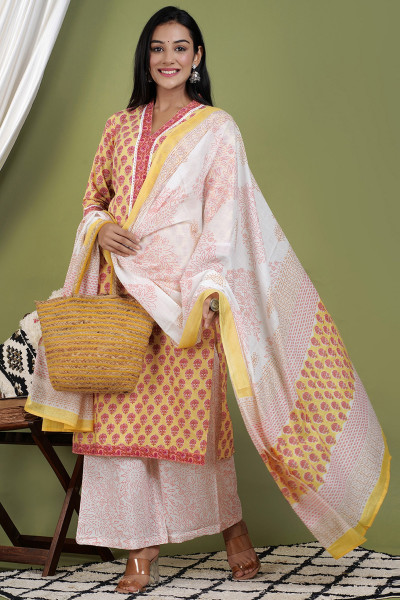 Women Pure Cotton Straight V Neck Kurta Palazzo DupattaSet