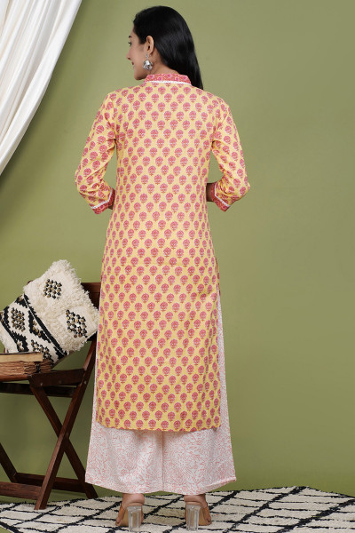 Women Pure Cotton Straight V Neck Kurta Palazzo DupattaSet