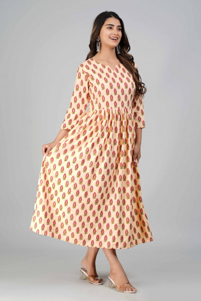 Peach Floral Printed Flared A-Line Rayon Kurta