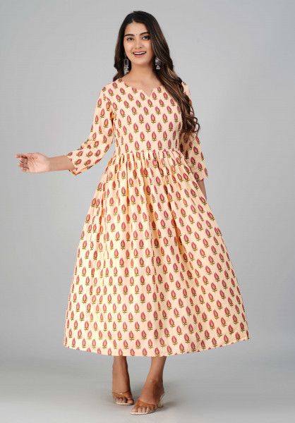 Peach Floral Printed Flared A-Line Rayon Kurta