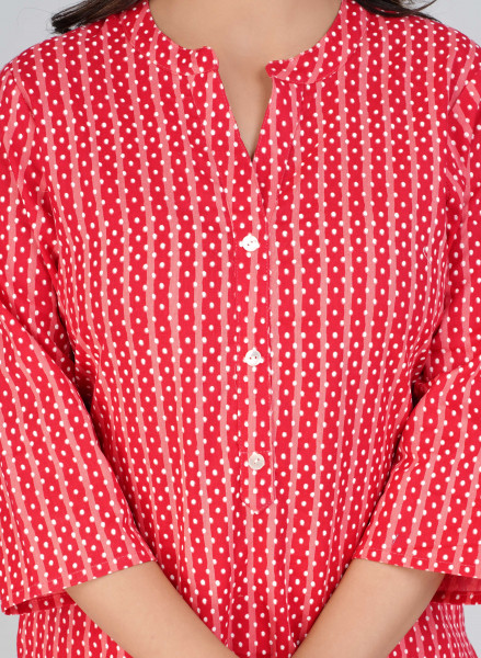 Red Striped Printed Straight Cotton Kurta