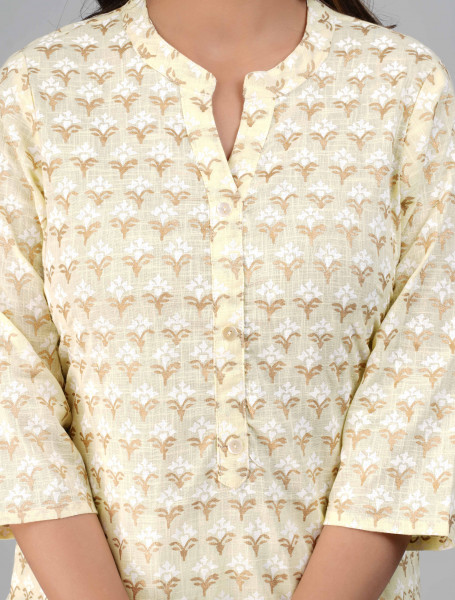 Yellow Flower Printed Straight Cotton Kurta