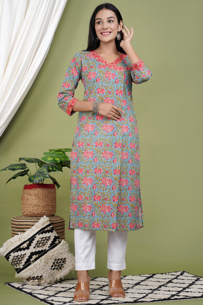 Grey Floral Printed Straight Cotton Kurta