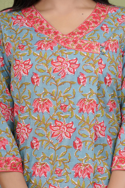 Grey Floral Printed Straight Cotton Kurta