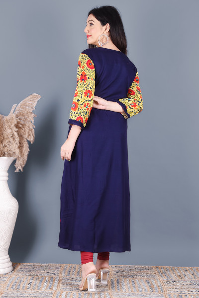Blue Solid Flared A-Line Rayon Shrug Style Kurta