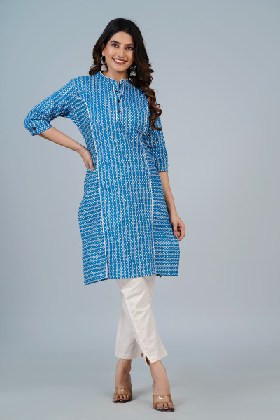 Blue Printed Straight Cotton Kurta