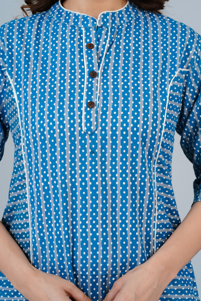 Blue Printed Straight Cotton Kurta