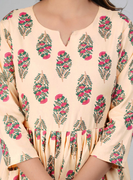 Beige Floral Printed Flared A-Line Rayon Kurta