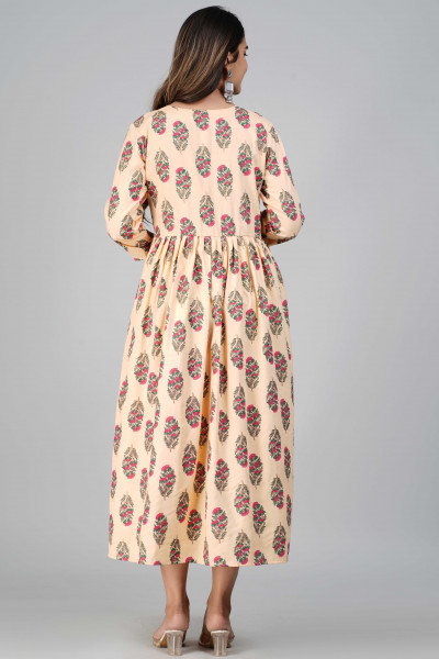 Beige Floral Printed Flared A-Line Rayon Kurta