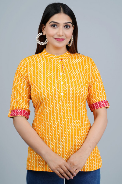 Yellow Striped Printed Cotton Top